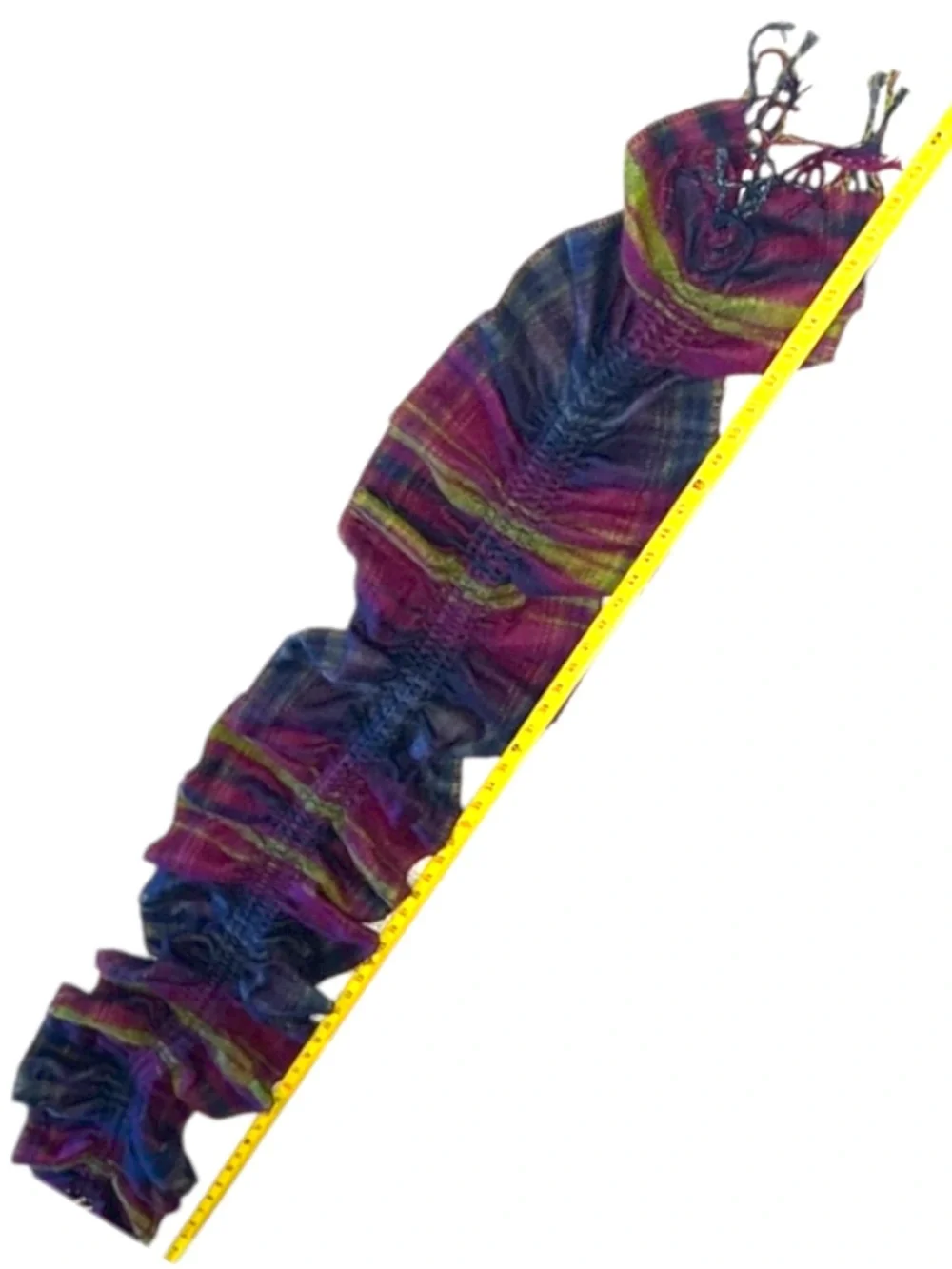 Statement Ruched Ruffle Scarf Wrap Plaid Boho Shawl Fringe Purple Green Blue